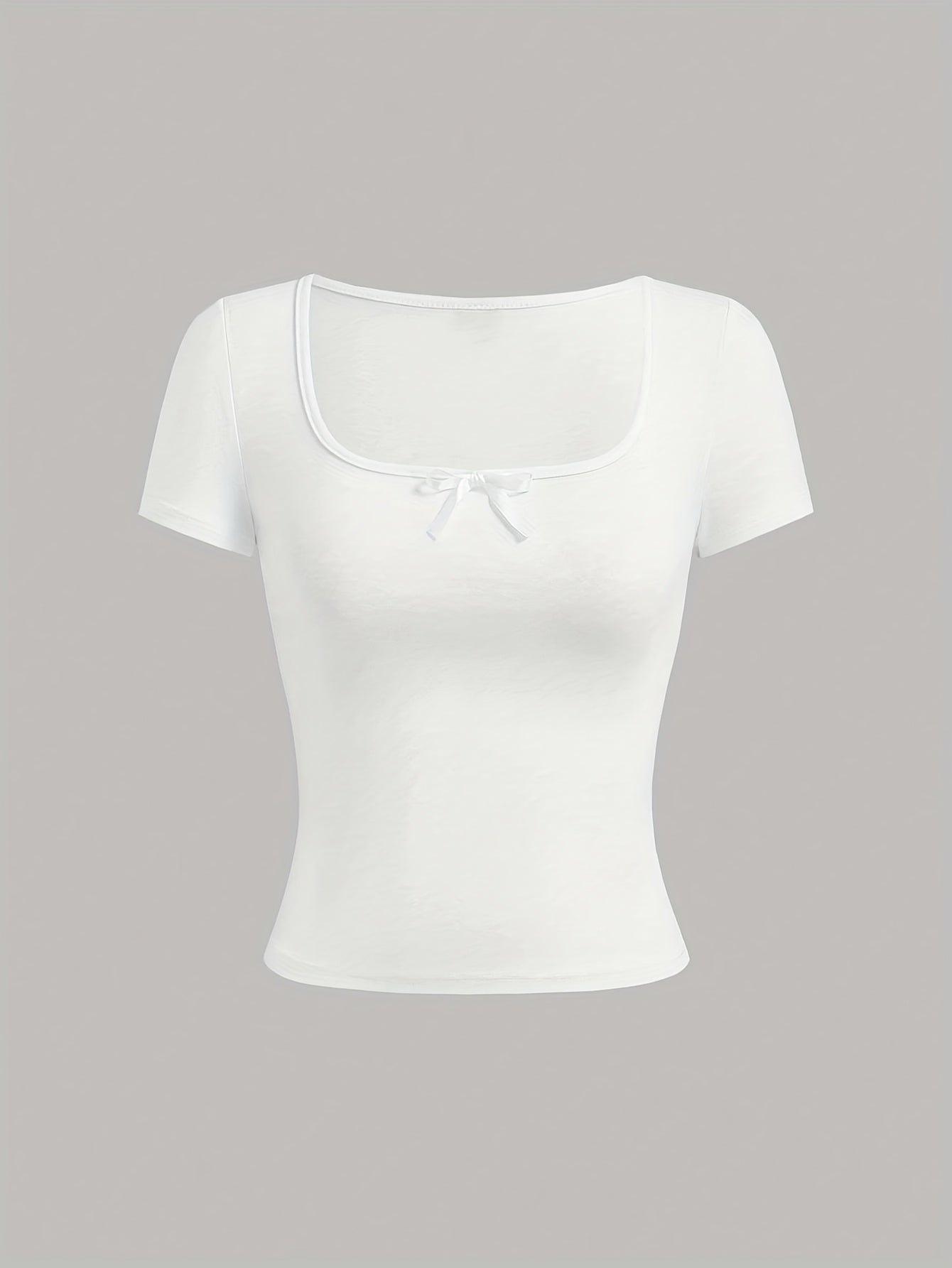 Ezwear Light Gray Knitted Women'S Summer Short-Sleeve Fitted T-Shirt with Bow Decoration And Square Neckline.